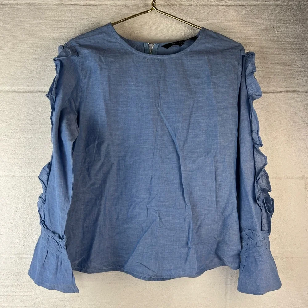 Walter Baker Blue Ruffle Lightweight Long Sleeve Blouse, Small